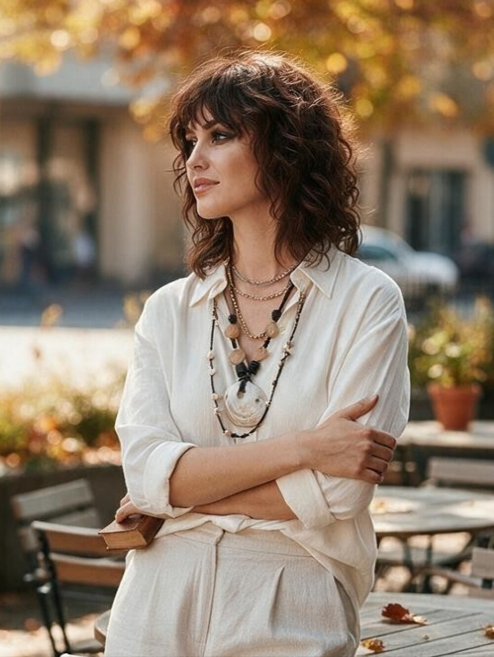 Polished Abalone Shell And Wood Beaded Pendant Necklace In Cream And Brown